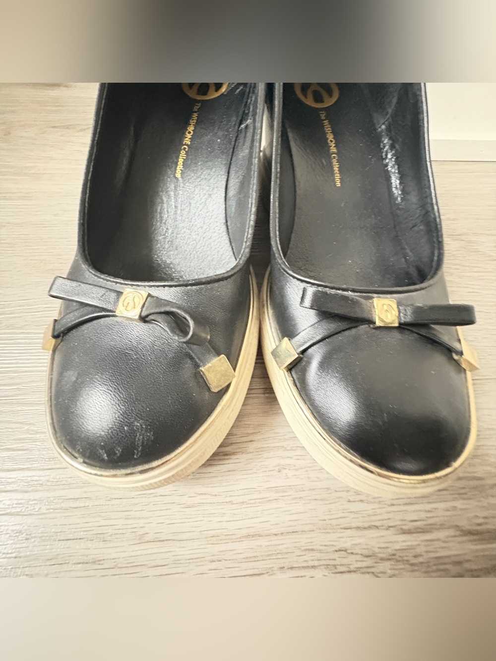 Wishbone Round Toe Wedge Leather Shoe Women's Black Platform Ballet Size 9 - Picture 13 of 15